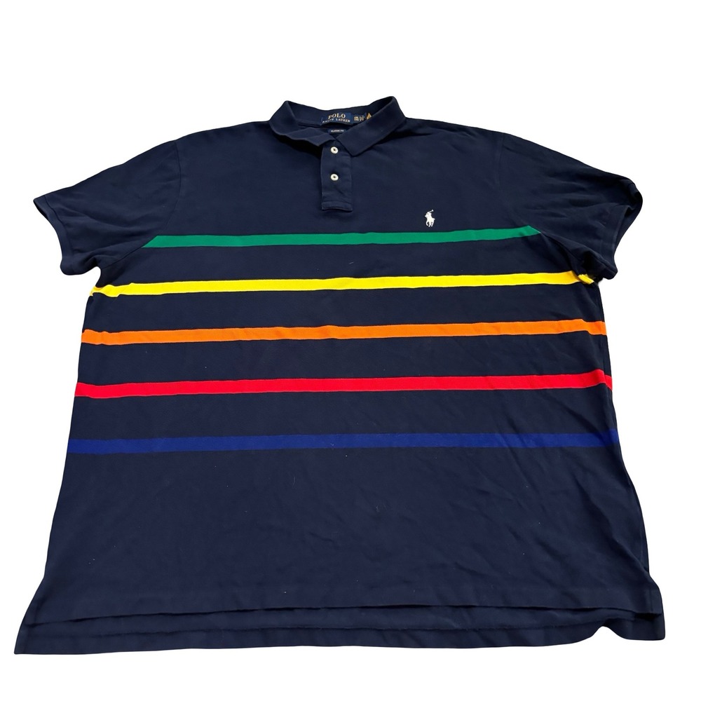 Polo Ralph Lauren Mens XXL Navy Blue Multi Color Striped Classic Fit Polo Shirt
